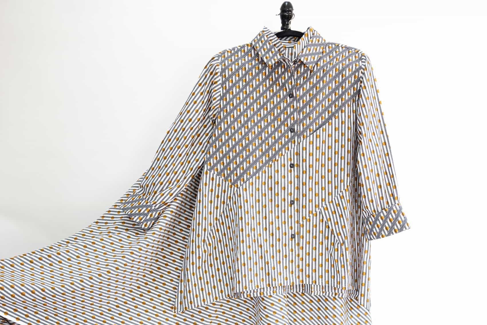Striped and polka dot button-up shirt in cotton blend fabric for sewing projects