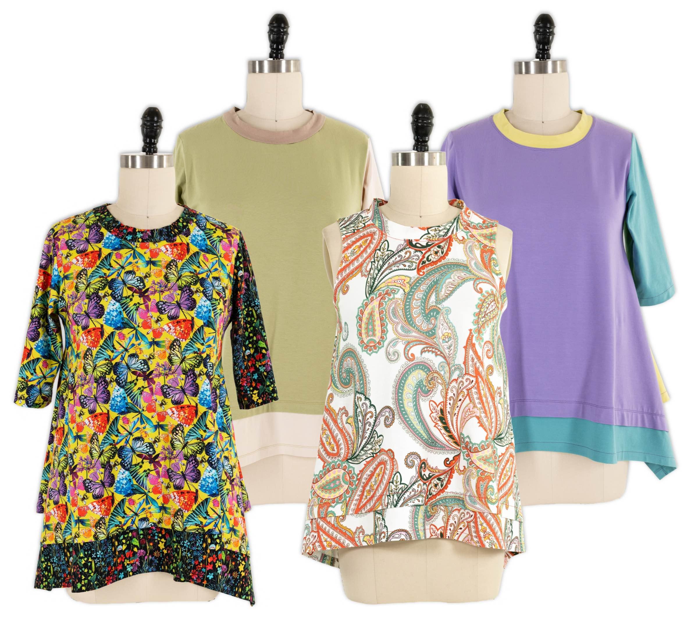 Colorful butterfly and paisley print tops on mannequins, showcasing vibrant fabric designs for sewing projects