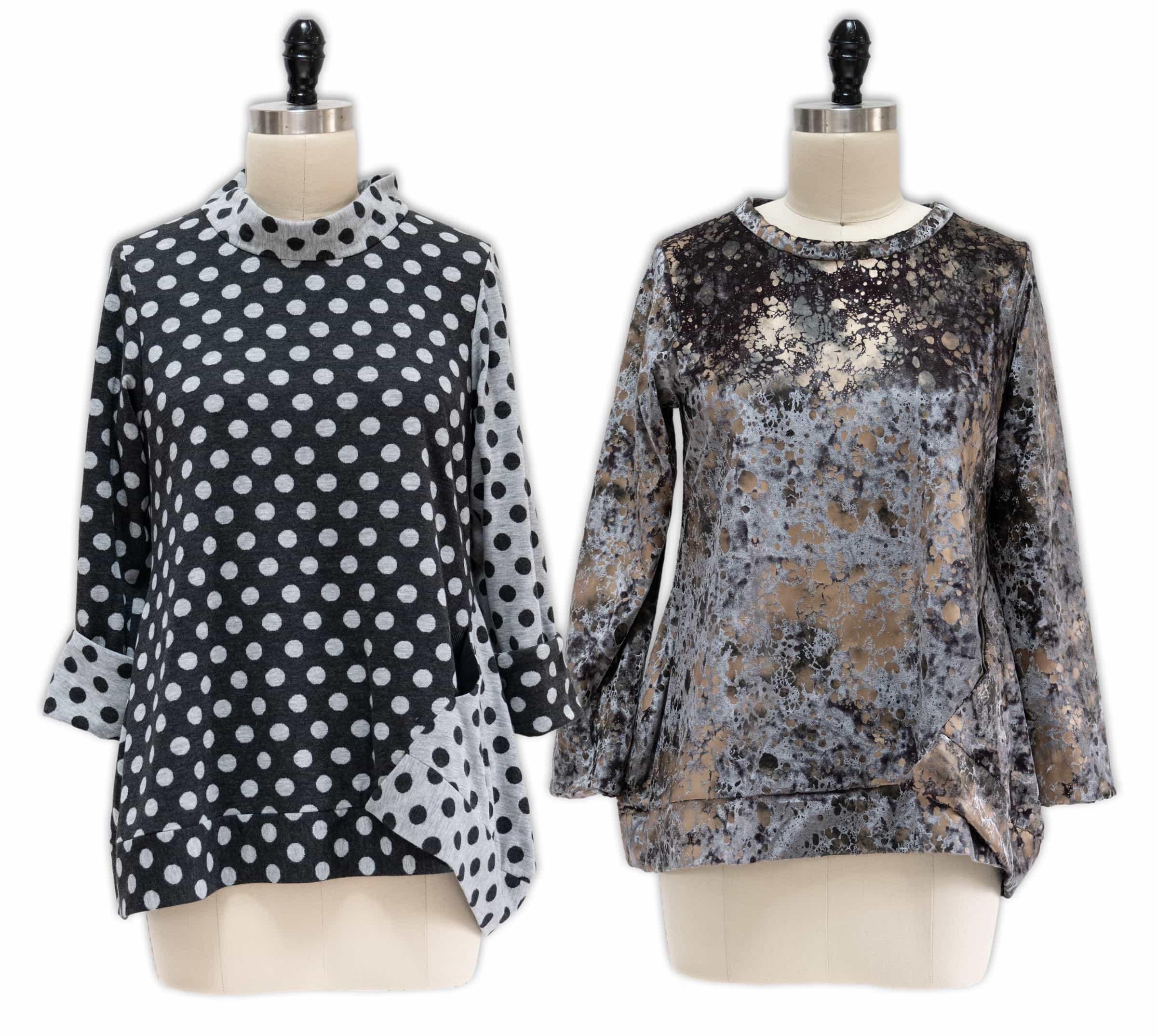 Polka dot and abstract print long-sleeve tops on mannequins, ideal for sewing apparel with knit fabrics