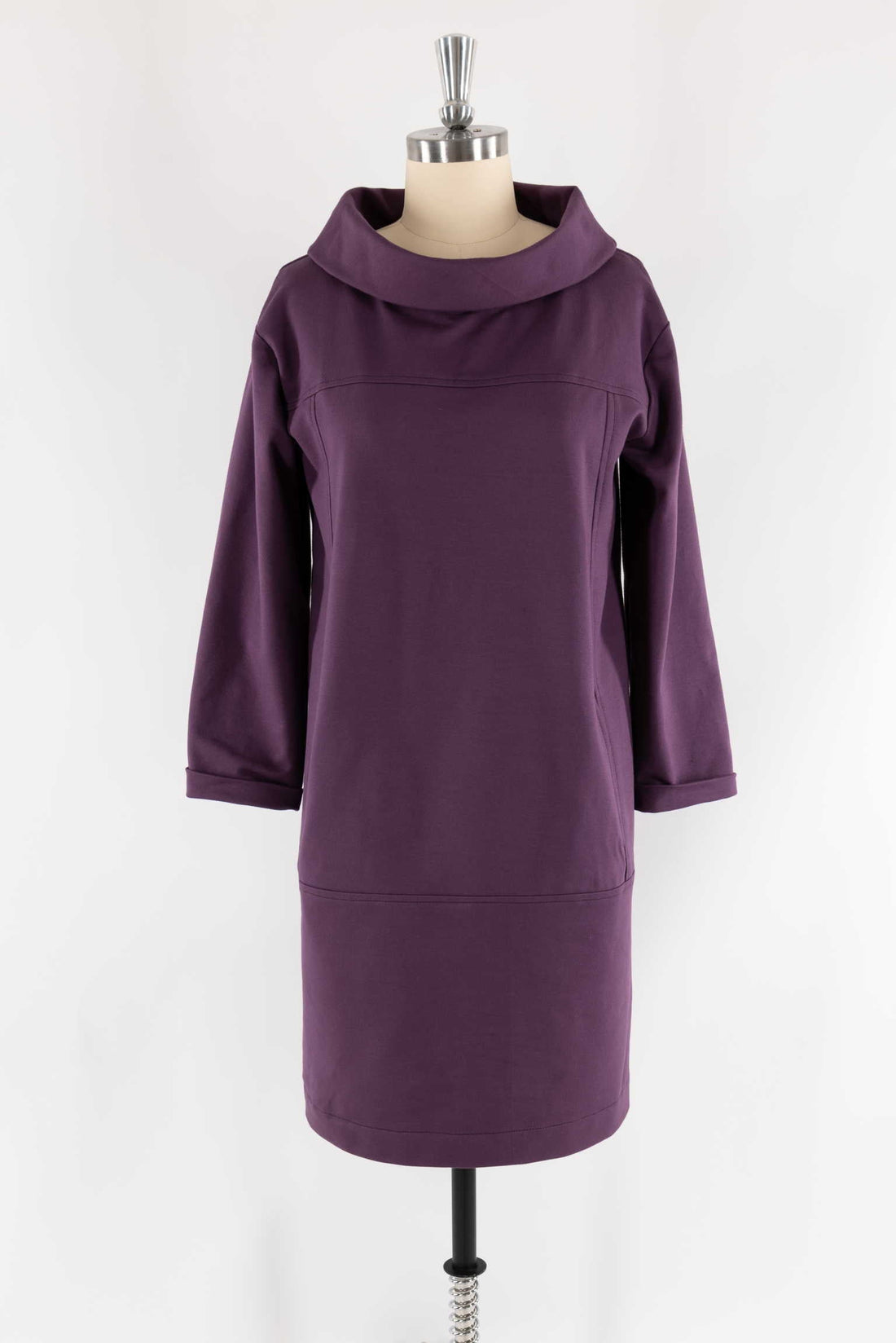 Purple cowl neck dress with 3/4 sleeves, crafted from soft knit fabric for comfortable wear.