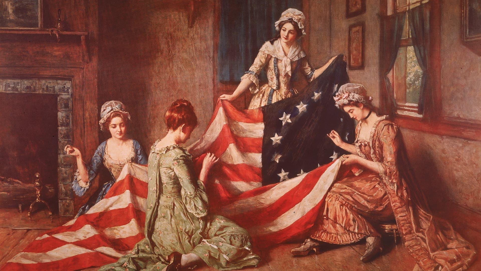 Women sewing American flag in historic dress, vintage patriotic scene