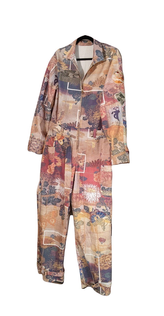 Floral patchwork jumpsuit in cotton blend fabric, ideal for sewing apparel and creative fashion projects