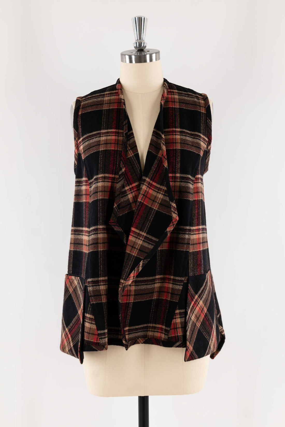 Plaid sleeveless wrap vest in black, red, and tan — ideal for sewing apparel or quilting projects.
