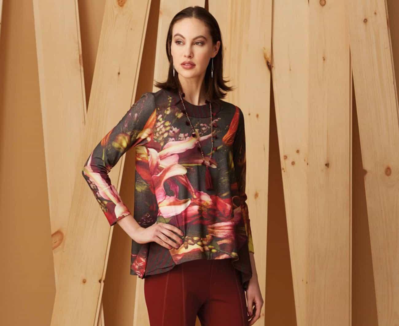 Floral print long sleeve top in vibrant colors, ideal for fashion sewing projects