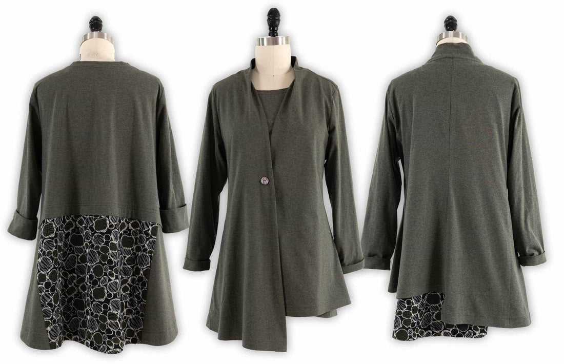 Olive green knit tunic with patterned hem, shown front and back on mannequin for sewing projects