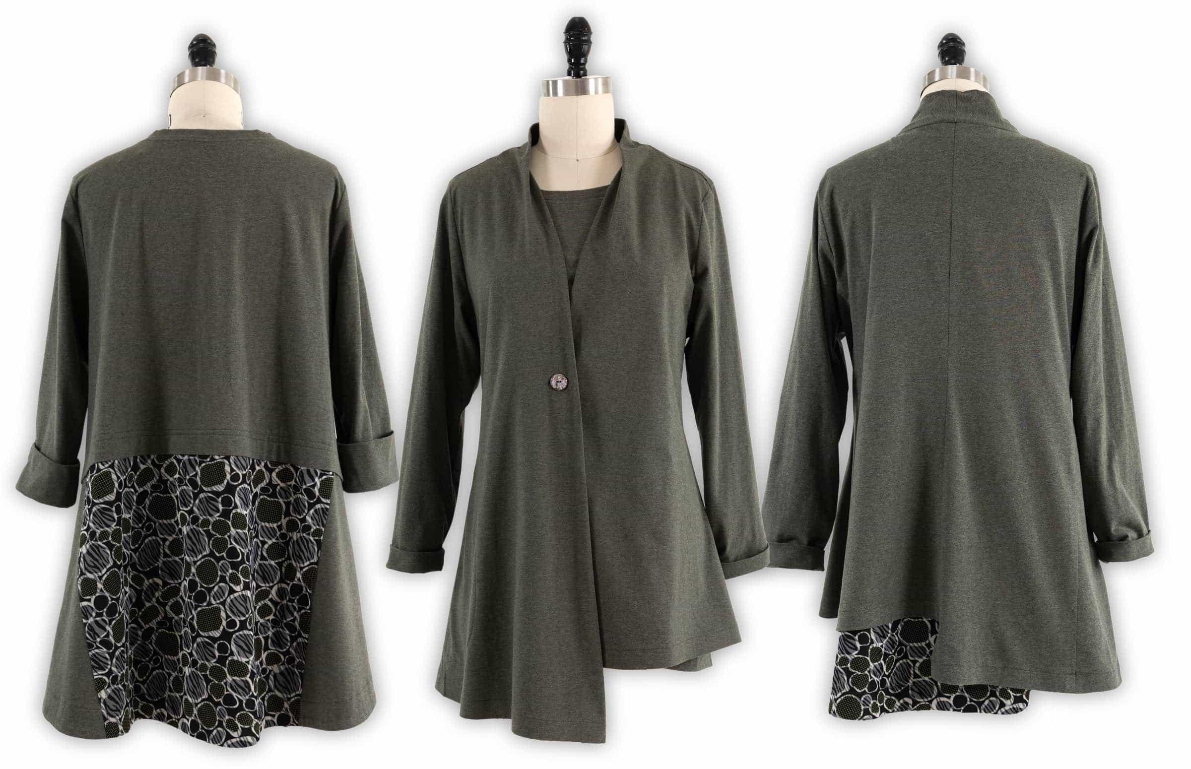 Olive green knit tunic with patterned hem, shown front and back on mannequin for sewing projects