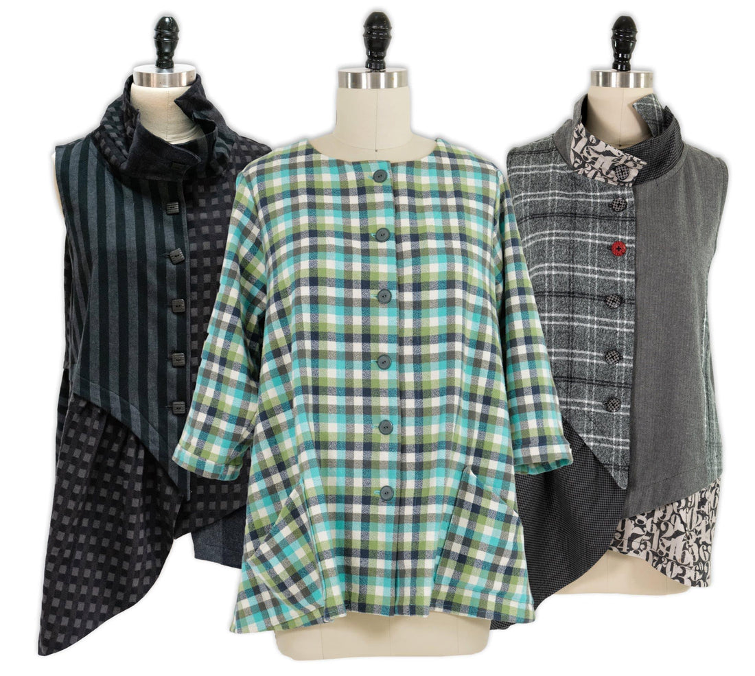 Three mannequins displaying plaid and patterned button-up tops in teal, gray, and black for sewing projects