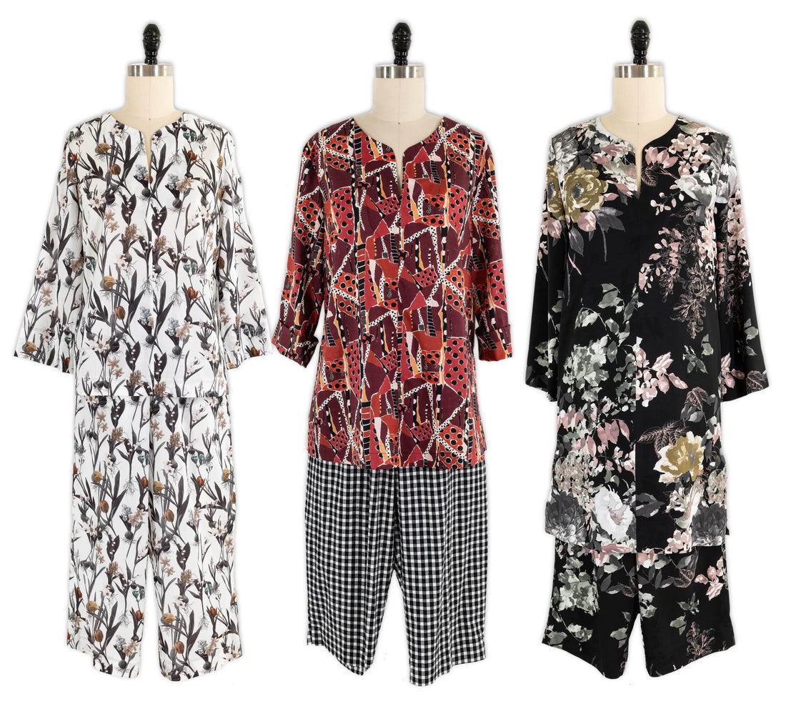 Three stylish women's loungewear sets with floral and geometric prints, perfect for sewing projects