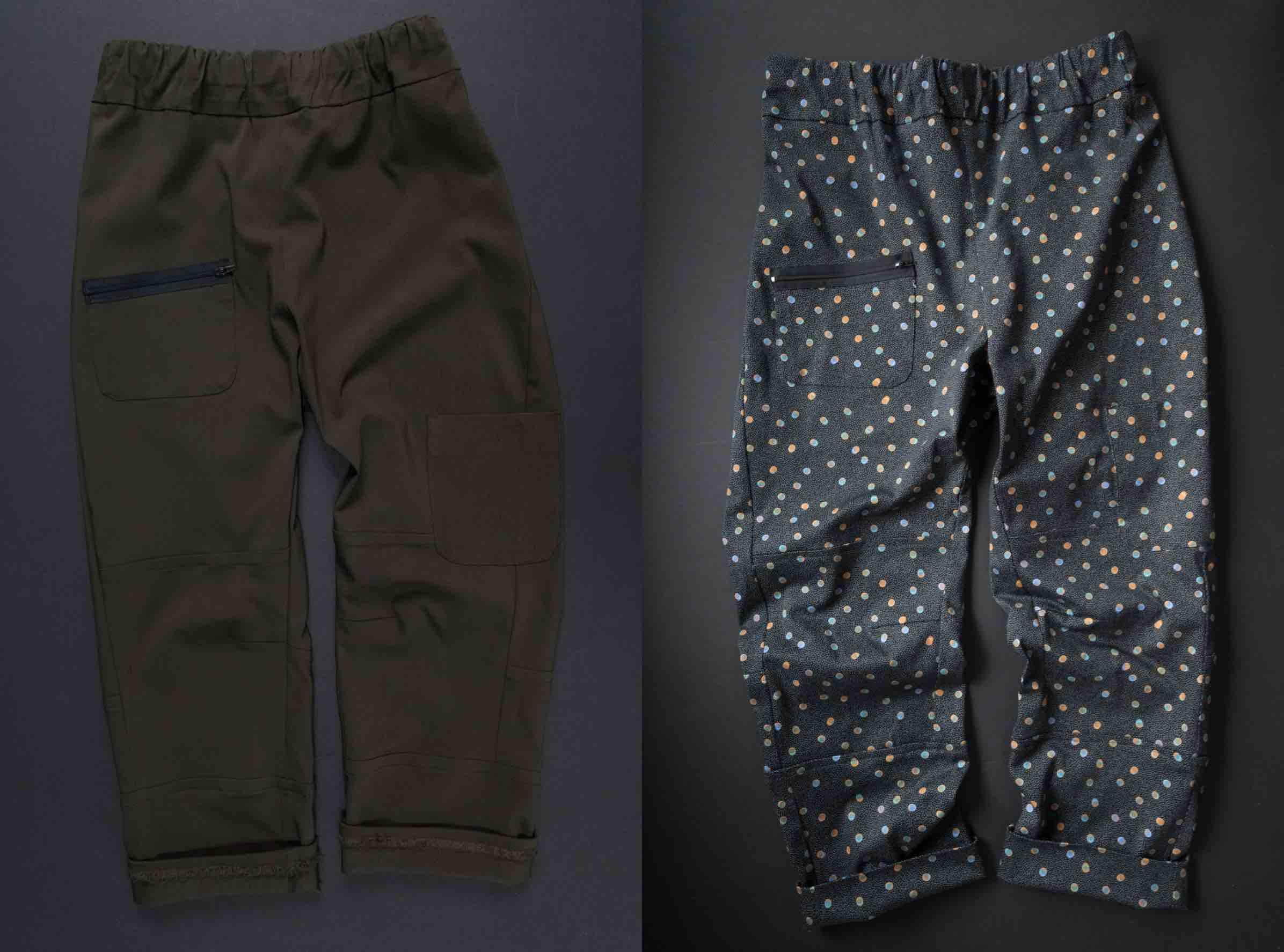 Olive green and polka dot patterned pants with elastic waist and zip pockets, ideal for sewing projects