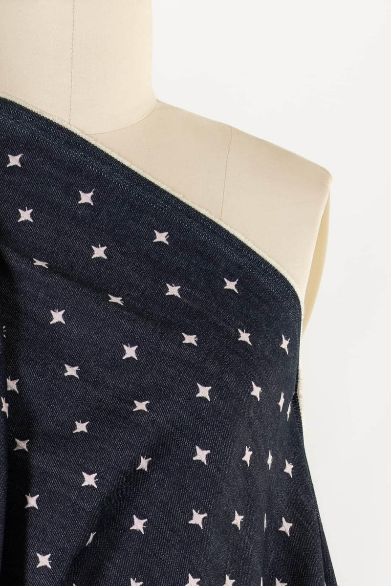 Compass Star Embroidered Denim Woven - Marcy Tilton Fabrics
