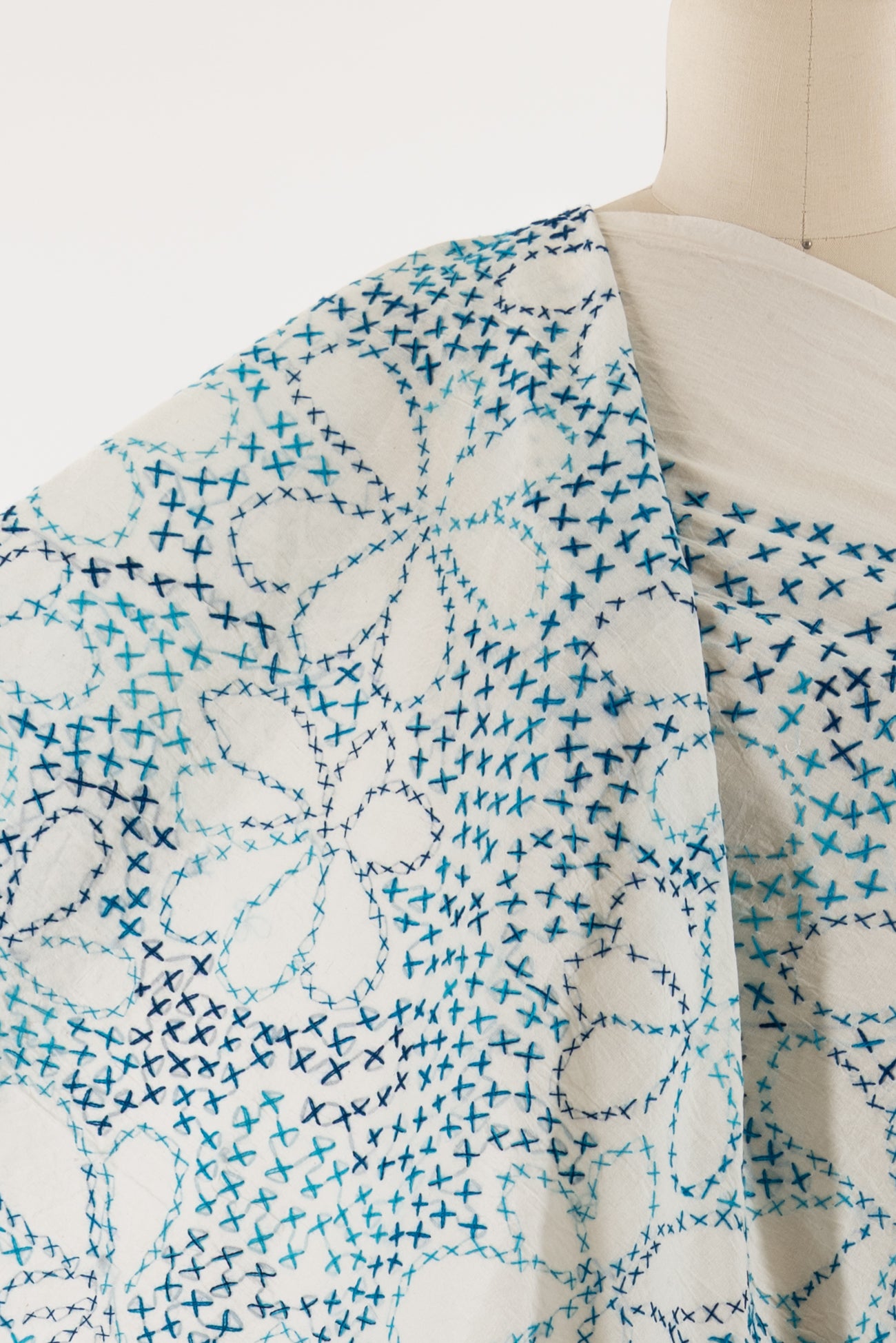 Sapphire Stitches Embroidered Indian Cotton Woven - SOLD BY THE CUT