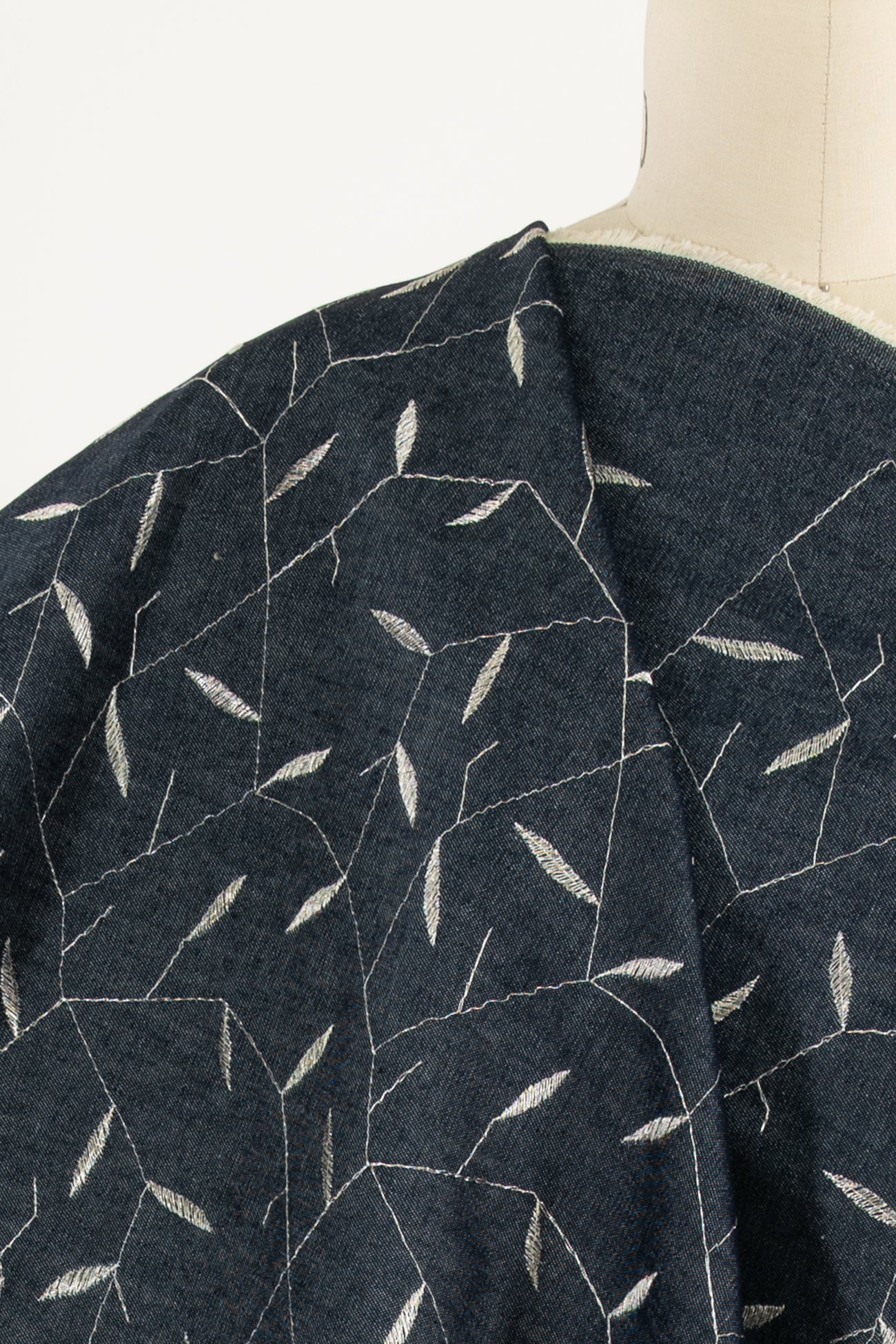Silver Leaf Embroidered Denim Woven