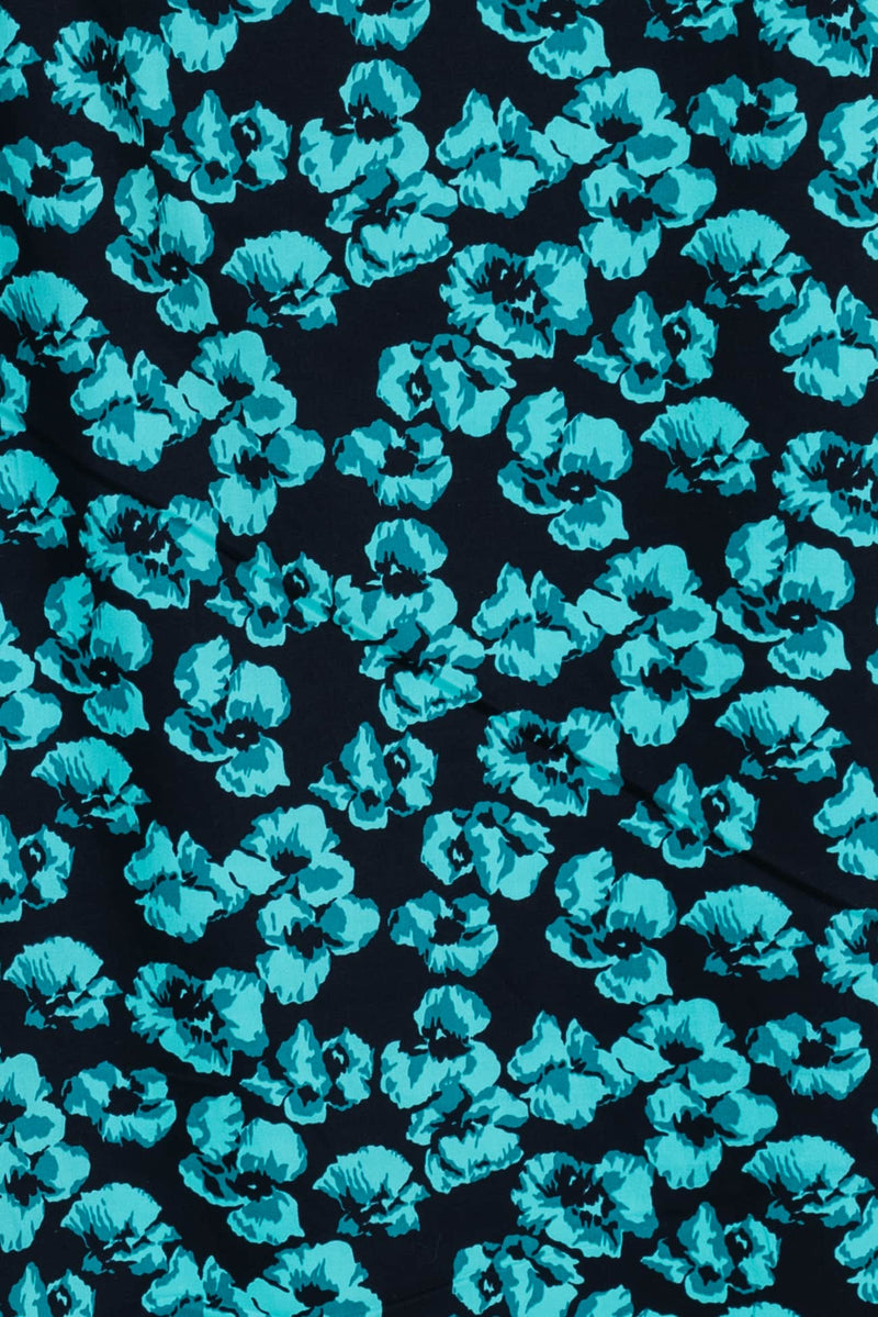 Teal Pansies Stretch Cotton Woven