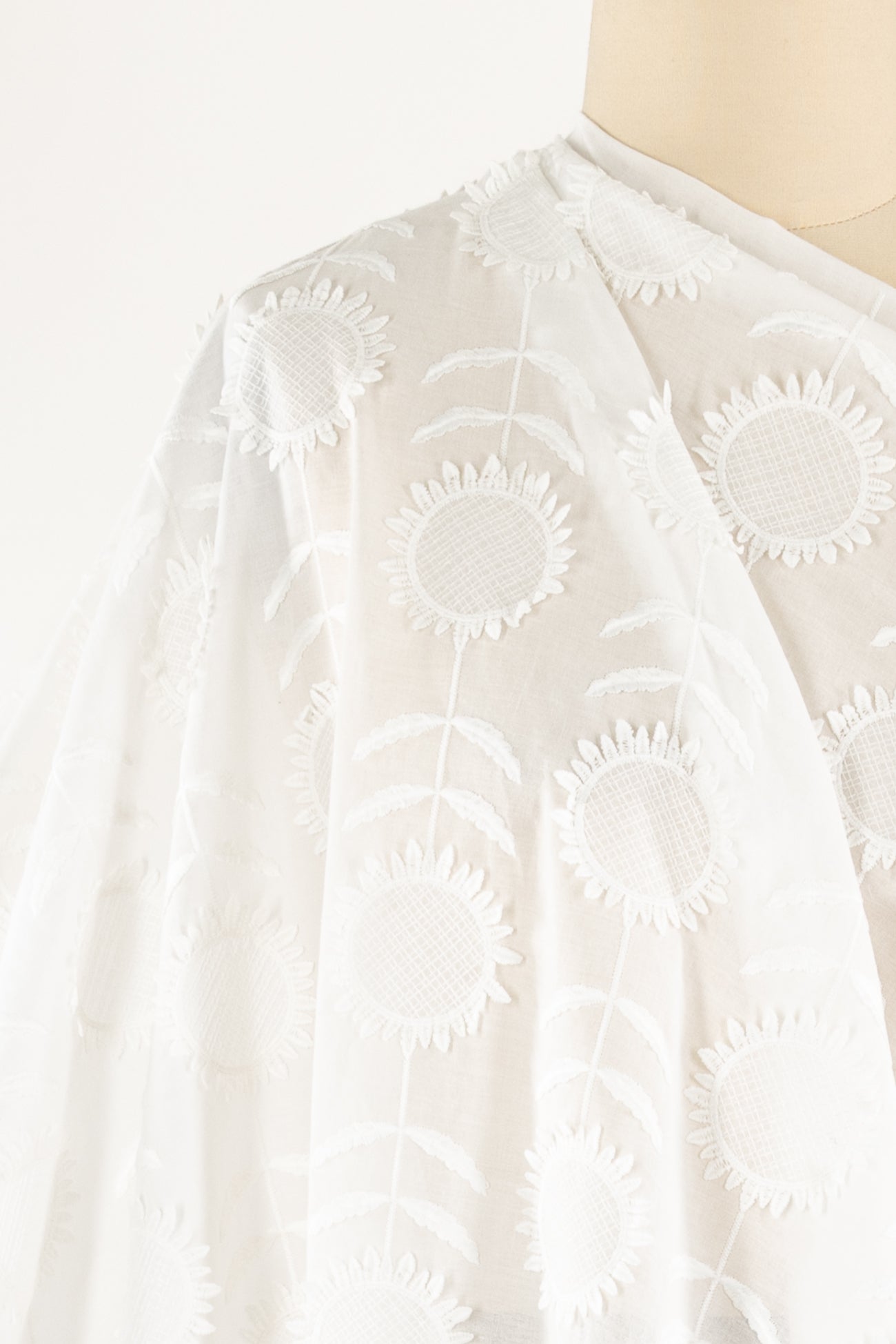 White Embroidered Sunflowers Cotton Woven